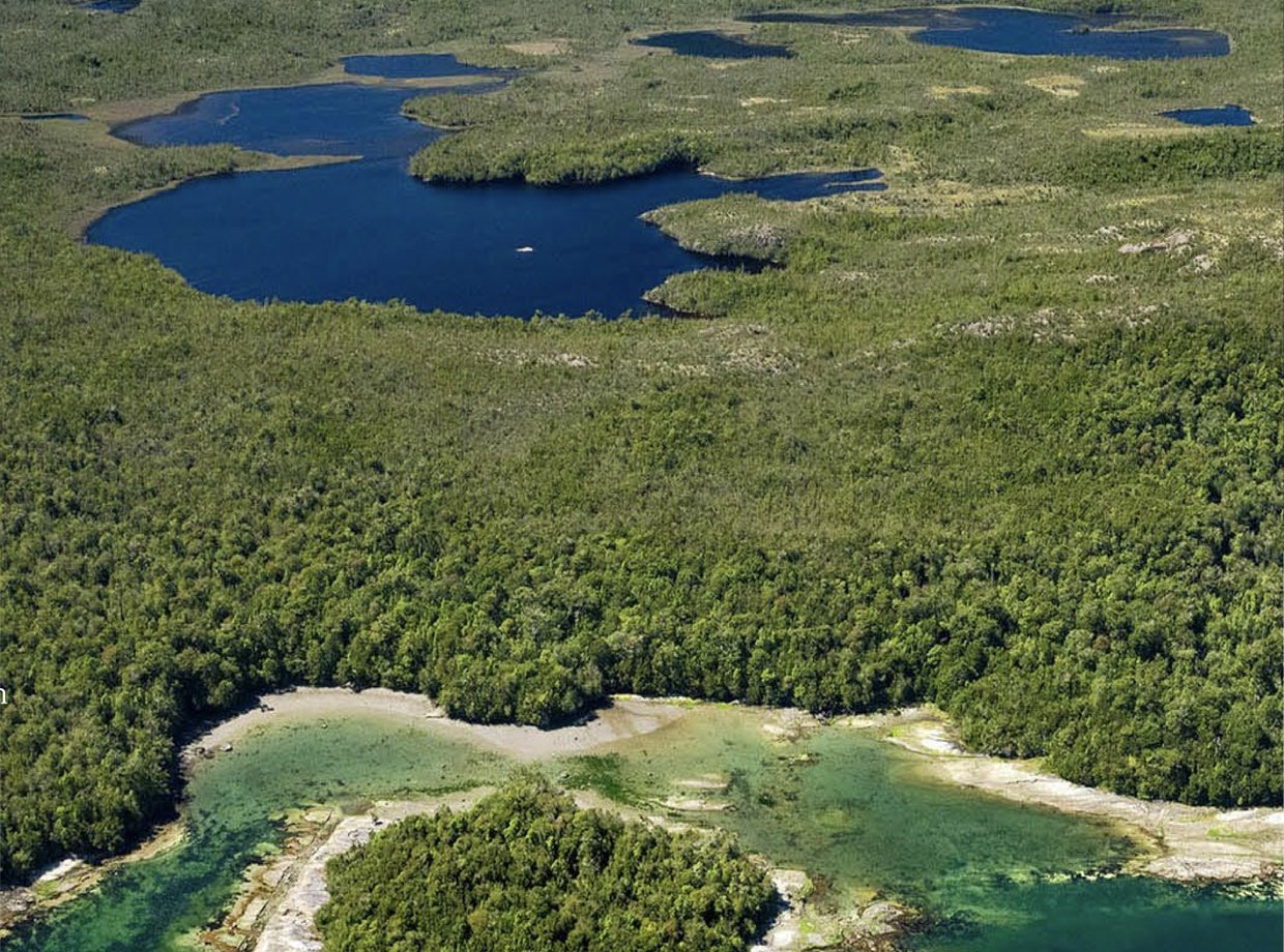 Lagos y lagunas de agua dulce en Isla Virgen, Patagonia — 15,5 km² de superficie hídrica